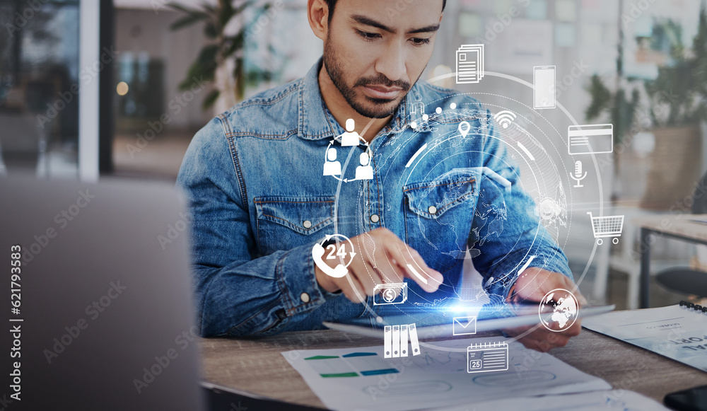 Aufkleber Man, tablet and startup with hologram app ui, web design or creativity for seo with dashboard. Developer, digital touchscreen and typing for futuristic application, programming or holographic menu ux