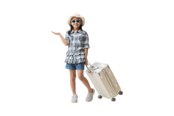 Happy smiling asian little girl with a suitcase with hand holding open palm up blank space, adventure vacation travel trip dream concept. Full body isolated on white background