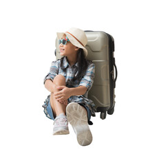 Happy smiling asian little girl sits on a suitcase adventure vacation travel trip dream concept....