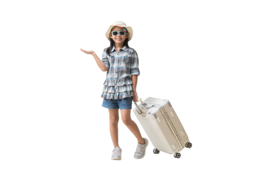 Happy smiling asian little girl with a suitcase with hand holding open palm up blank space, adventure vacation travel trip dream concept. Full body isolated on white background