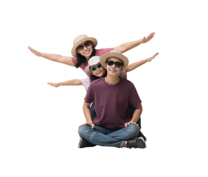 Family Travel Concept, Full body Happy asian family vacation, Father, mother and little daughter sit spread out your arms ready for vacation trip, isolated on white background