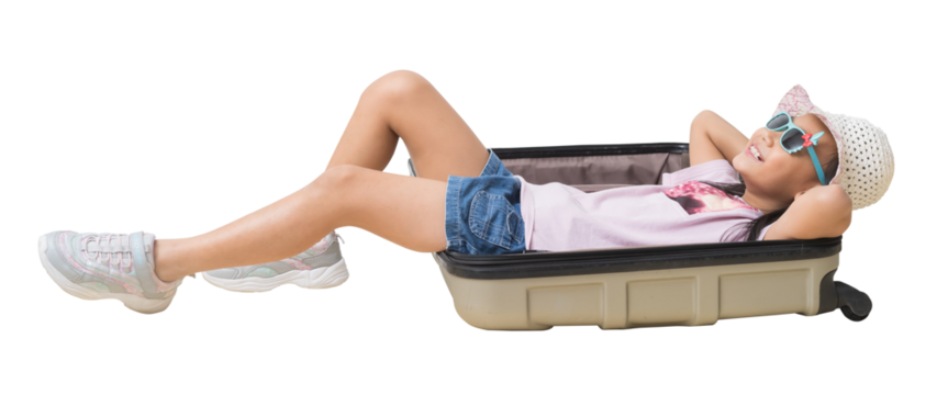 Happy smiling asian little girl lying on a suitcase adventure vacation travel trip dream concept. Full body isolated on white background