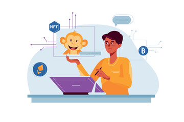 NFT concept with people scene in the flat cartoon style. The guy creates pictures for NFT business. Vector illustration.