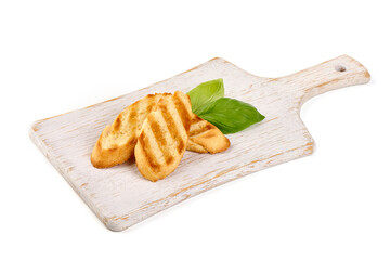 Crusty bread bruschetta, isolated on white background.