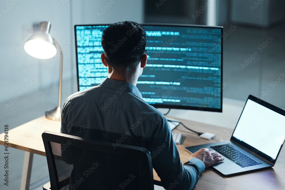 Poster Office, programming and man with technology, code and typing with data analytics, cyber security and software update. Male person, programmer and developer with laptop, database and cloud computing