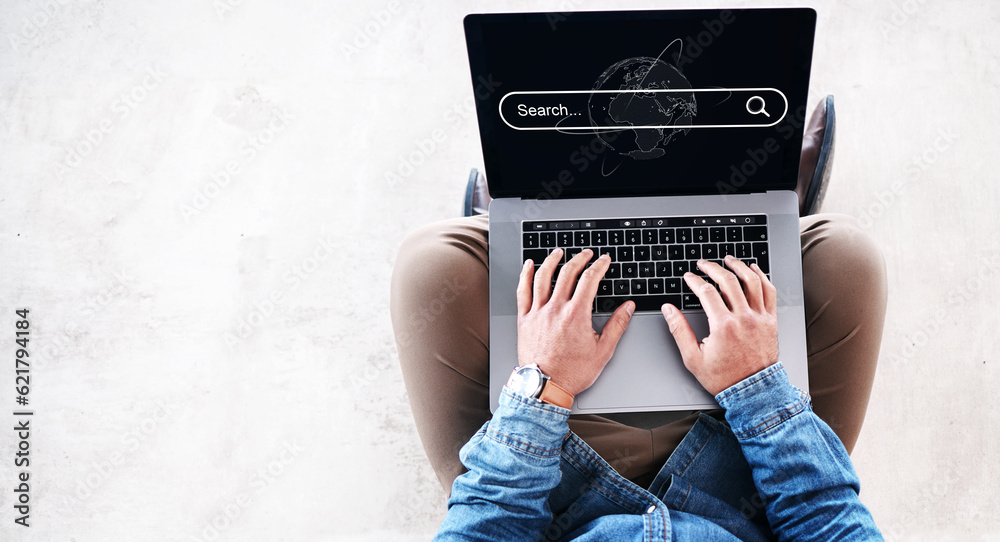 Poster laptop, search bar and hands of business man typing on browser for research, website and internet. k