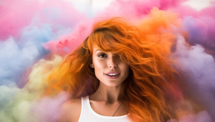 Happy redhead woman smiling in a cloud of colorful smoke and powder on a white background, having fun, colors, LGBTQ+, party, peace, inclusive, beauty, freedom. Generative AI.