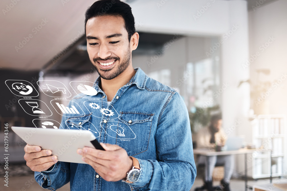 Poster Tablet, hologram and web designer working on app software development for startup website, web or internet connection. Smile, technology and businessman typing graph statistics for an online proposal