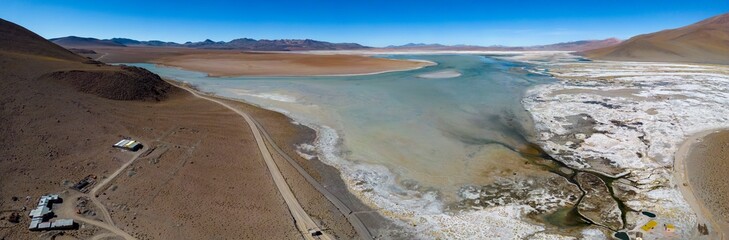 Aerial view of Laguna Chalviri, just one natural sight while traveling the scenic lagoon route through the Bolivian Altiplano in South America - Panorama