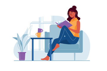 Girl reading book concept with people scene in the flat cartoon style. The girl decided to rest and read a book. Vector illustration.