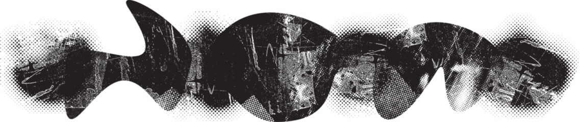 Glitch distorted grange shape . Noise grungy logo . Trendy defect error shapes . Glitched frame .Grunge textured . Distressed effect .Vector shapes with a halftone dots screen print texture.