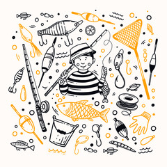 Boy-fisherman and big set of the fisher in linear style. Fishing rods, floats, fish, hooks, net, bucket on a light background. Vector illustration