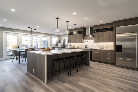 home kitchen design - a clean kitchen with light wood flooring with a central island and a kitchen bar