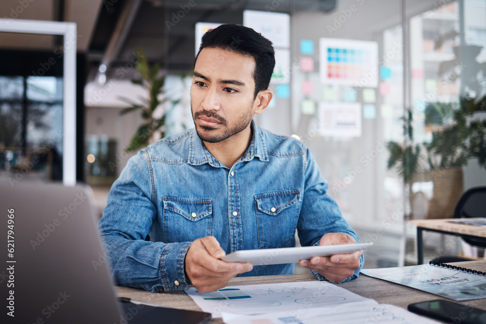 Poster thinking, tablet and man at desk with paperwork, notes and research planning at design agency. busin