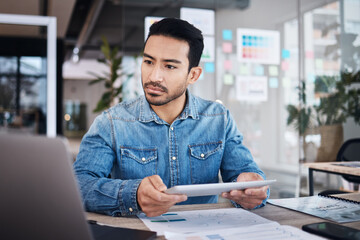 Thinking, tablet and man at desk with paperwork, notes and research planning at design agency. Business, documents and computer, employee in office reading email or online report at tech startup job.