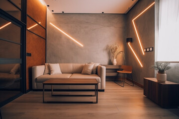 home living design - an apartment with grey and orange walls, lights and sofa