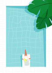 The girl rests in the pool. White pool with blue water and tropic leaves. Vector illustration.