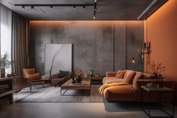 modern living room - a living room with a brick wall and orange couch
