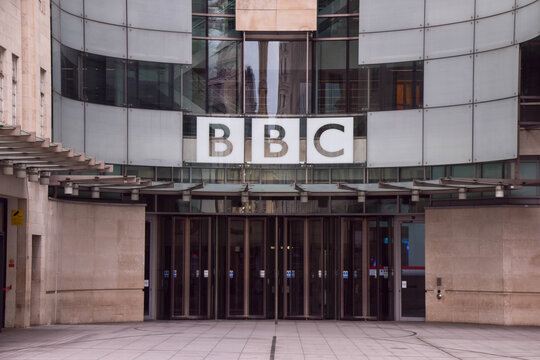 General view of the sign at BBC Headquarters, on July 9 2023 in London, UK