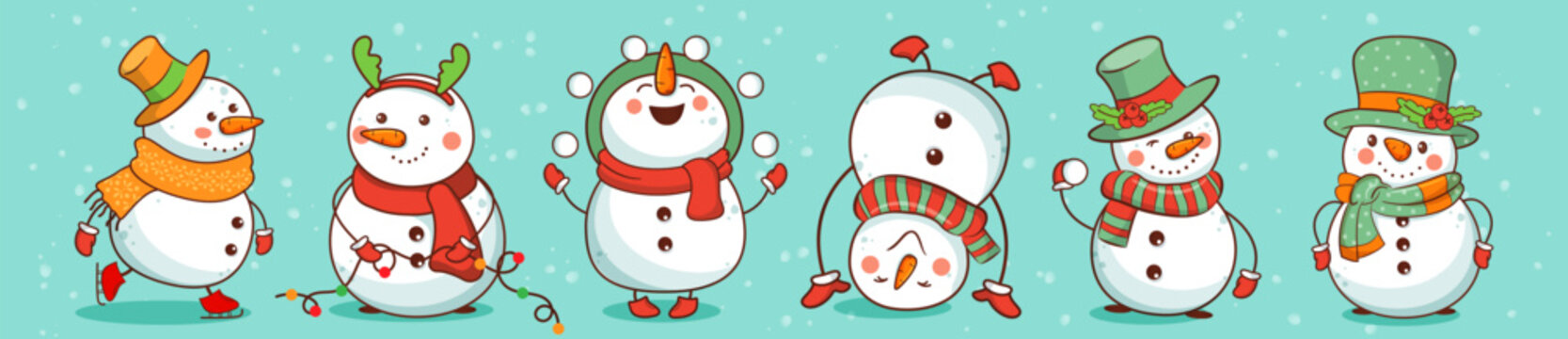 Cute winter Christmas snowmen set. Flat cartoon vector illustration.