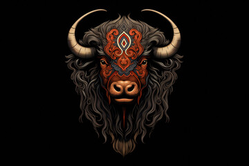 illustration of a bison head style like graphic novel mixed with Maori tattoo art isolated against black background 