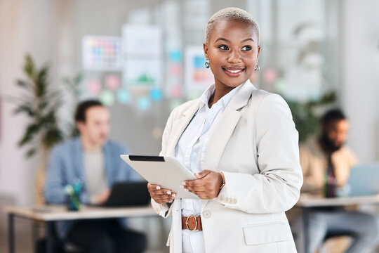 Smile, tablet and black woman in office with mockup, leadership and startup business ceo at agency. Online report, happiness and African businesswoman with digital schedule in corporate work space.
