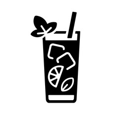 Mojito icon, black silhouette on white. Drink in tall glass with straw, rum cocktail with lime, mint leaves and ice cubes. Vector element for web design or logo, illustration of alcoholic beverage.