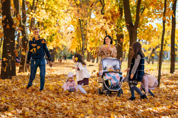 portrait of a large family with children in an autumn city park, happy people walking together, playing and throwing yellow leaves, beautiful nature, bright sunny day