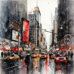watercolor drawing of New York streets on a rainy dAY. IMAGE AI
