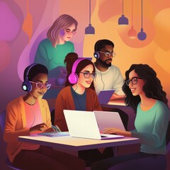 STUDENTS WHO USE THE PC AND LISTEN TO MUSIC. IMAGE AI