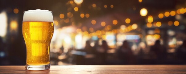 Big beer in mug on wooden table, festival Oktoberfest, panorama. Generative Ai.