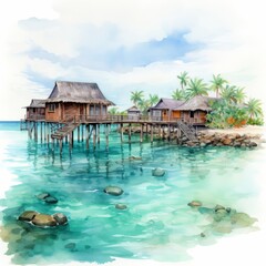 A watercolor drawin of the Maldives. IMAGE AI