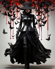 WOMAN DRESSED IN BLACK LEATHER WITH CAPE AND BLACK BUTTERFLIES. IMAGE AI