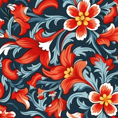 RED FLOWERS WITH BLUE LEAVES IN PATTERN DESIGN