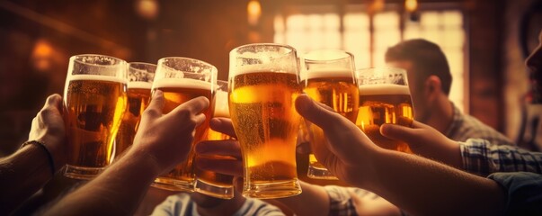 Glasses of beer in hand of group happy friends drinking and toasting beer, panorama. Generative Ai.
