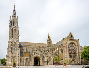 View at the Cathedral of Saint Paul in the streets of  Saint-Pol-de-Leon in France