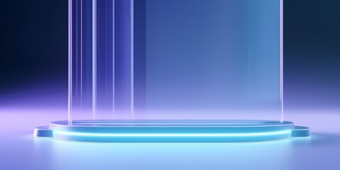 Modern illustration for product promotion, showcase banner. Wavy glass wall and water in minimal style. Neon light background with empty space, AI generative