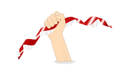 Hand holding Indonesia flag ribbon, bendera merah putih HUT RI vector illustration