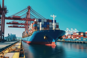 Fototapeta premium Container ship at the berth in cargo terminal of the port under loading. Port cranes load containers, place them in rows on the deck of the vessel. Global freight shipping concept. 3D illustration.