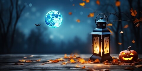 Halloween background with the full moon and lantern on wooden background in the blue night. blurred light in a cloudy sky