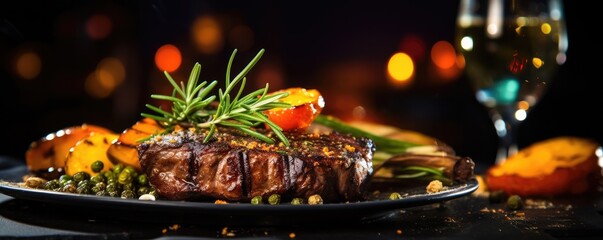 Grilled beef steak with vegetables and rosemary served with beer on the table, panorama. Generative Ai.