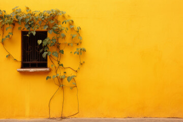 Mexican colonial yellow wall background with vine plant, front view