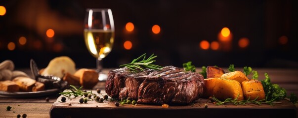 Grilled beef steak with vegetables and rosemary served with beer on the table, panorama. Generative Ai.