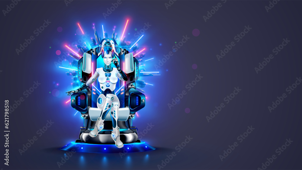 Poster AI or artificial intelligence in image female cyborg queen. Robot woman majestic sitting on throne in neon glow. Sci-fi illustration of artificial intelligence computer neural network. AI rules world.