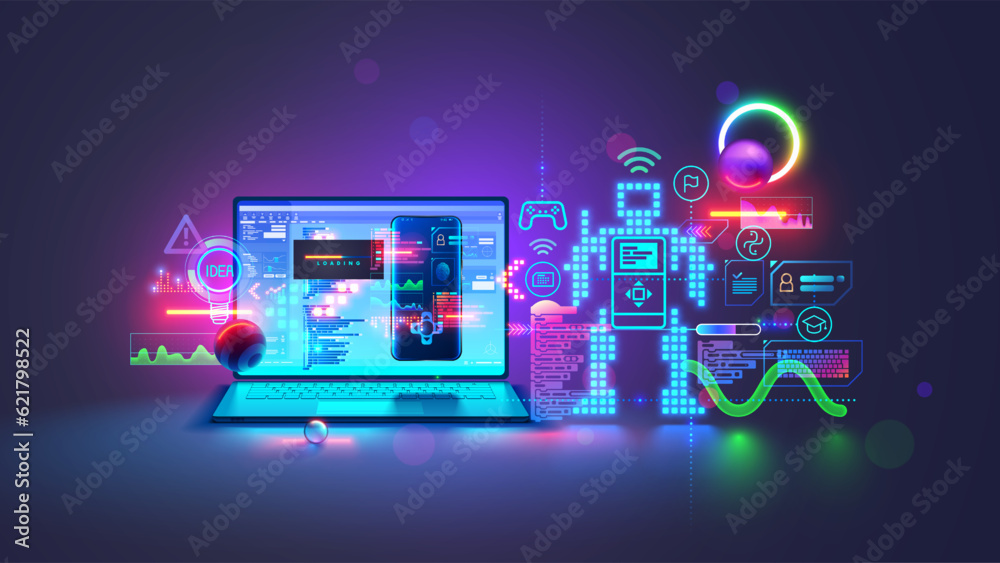 Poster School of computer programming of robots for kids concept. Learning or education children coding on laptop, programming electronic constructor. Tech education, engineering, science study of child.