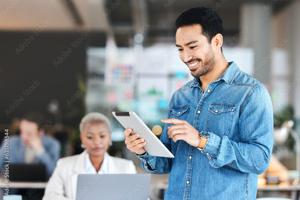 Poster tablet, digital and businessman typing online or employee happy for startup financial growth on a we