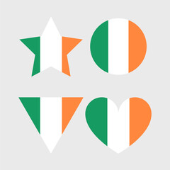 Ireland flag vector icons set in the shape of heart, star, circle and map. Irish flag illustration in different geometrical shapes.