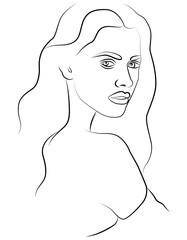 Woman head vector lineart illustration. One Line style drawing.