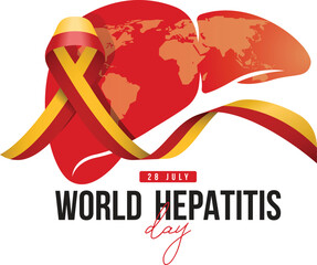World Hepatitis Day - Red and yellow hepatitis Awareness ribbon on liver with world map texture vector design - obrazy, fototapety, plakaty