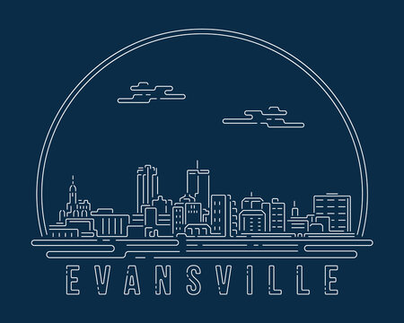 Evansville, Indiana - Cityscape with white abstract line corner curve modern style on dark blue background, building skyline city vector illustration design